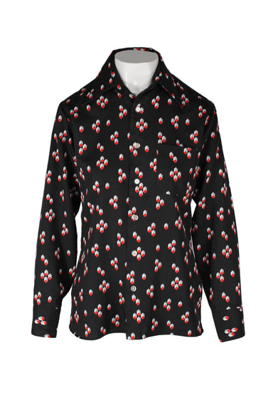 front of vintage black long sleeve button up. features 3d cube print throughout, pointed collar, patch pocket at left bust, single button at cuffs, and pearl button closure at front. 