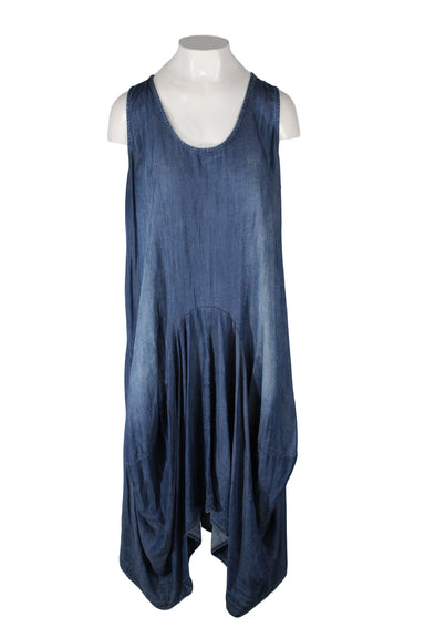 front of unlabeled blue denim sleeveless maxi dress. features rounded neckline, asymmetrical shape, and pull on style. 