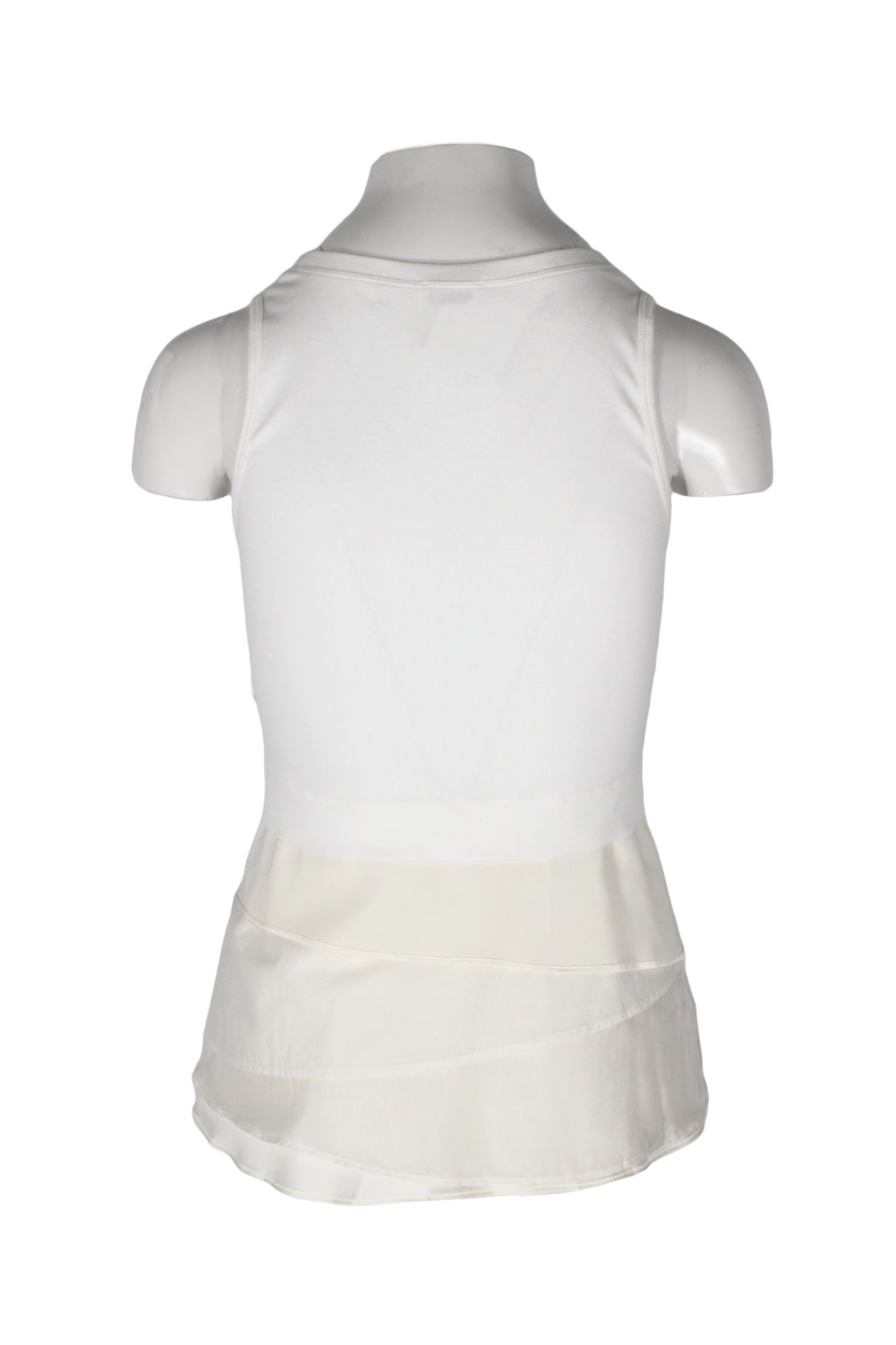 back angle brunello cucinelli white rib knit tank on feminine mannequin torso featuring asymmetrical tiered panels at lower.
