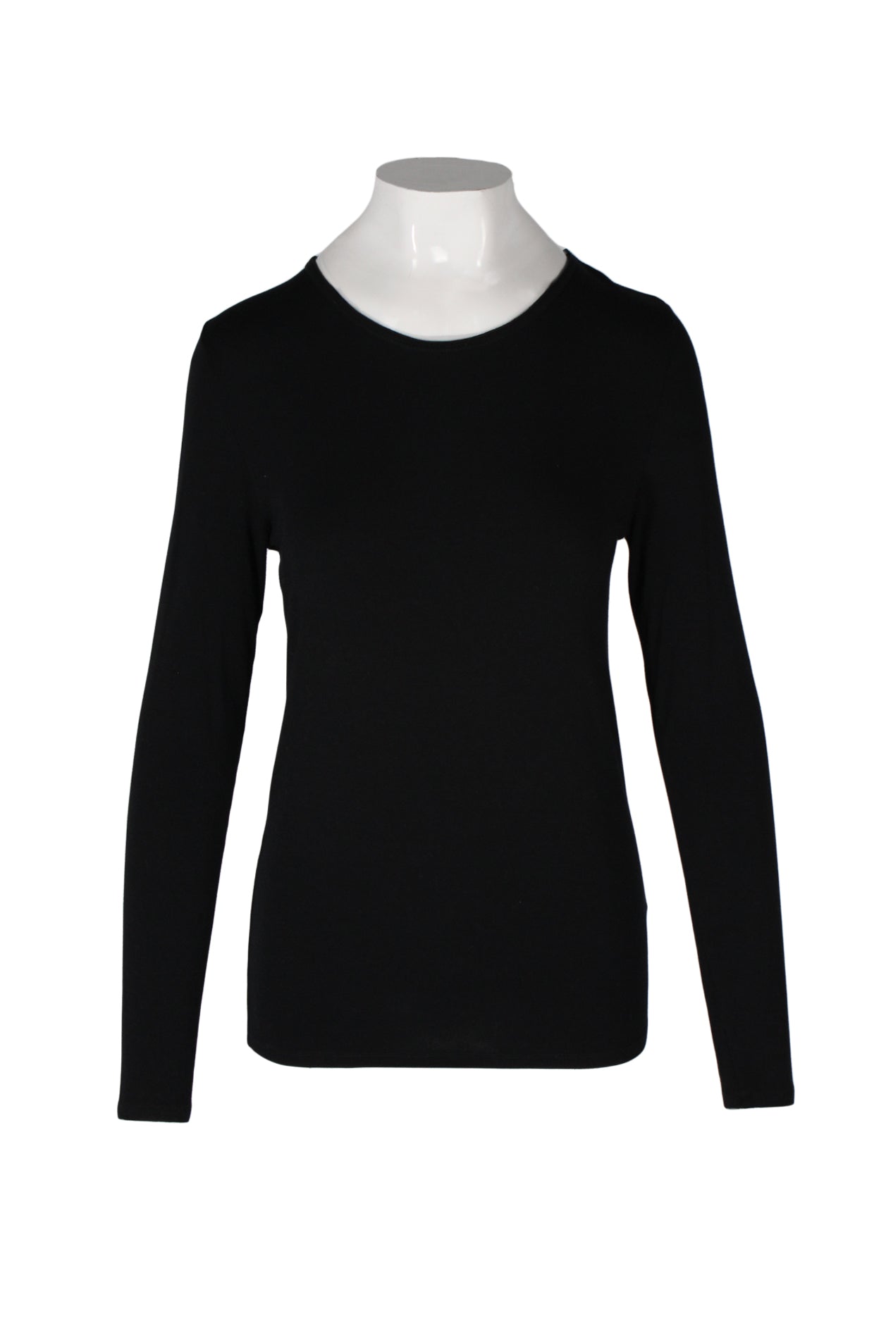 front angle majestic paris black long sleeve t-shirt on feminine mannequin torso featuring round neckline and longline silhouette. 