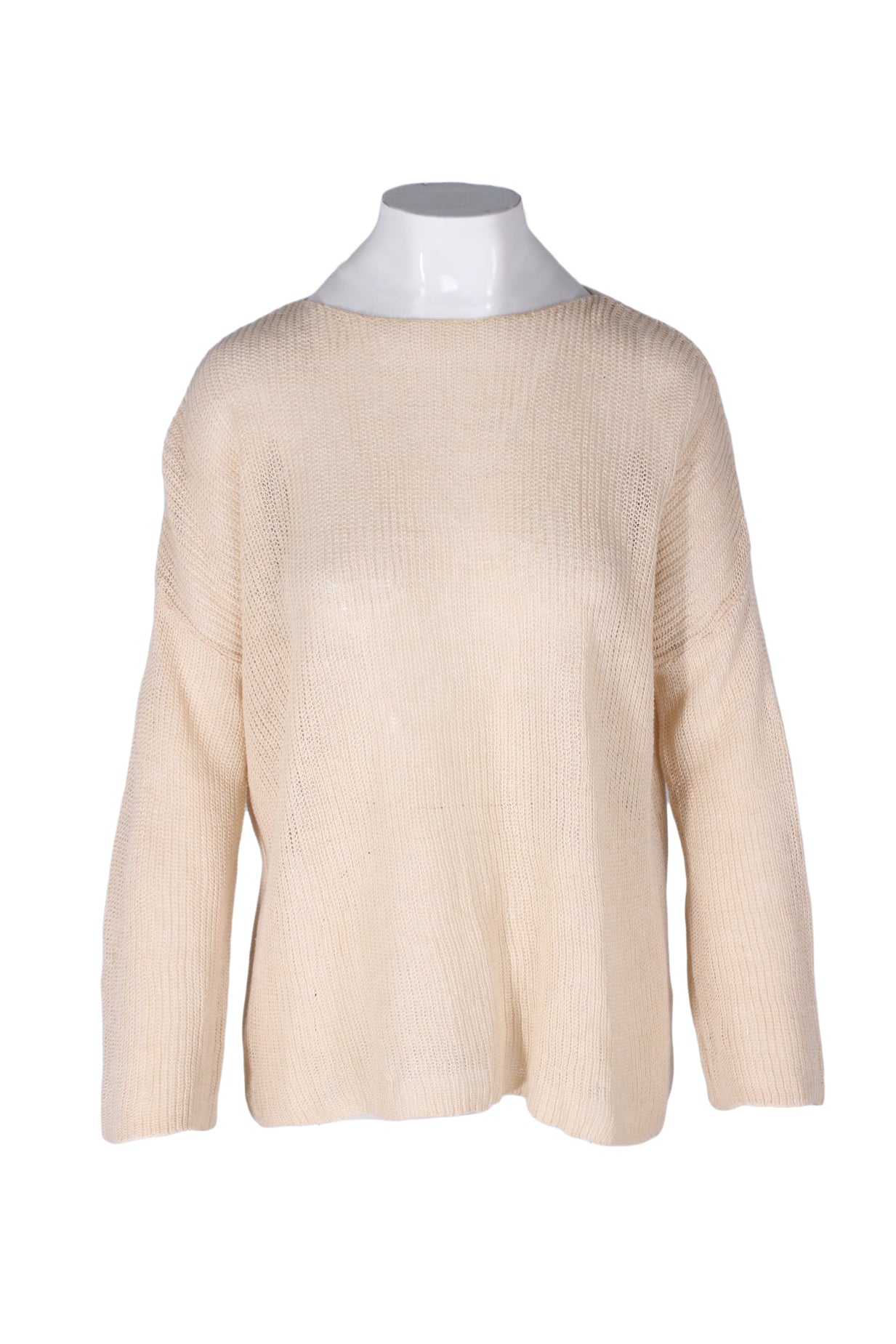 front angle demylee new york beige long sleeve linen sweater on feminine mannequin torso featuring loose-knit construction, round neckline, and dropped, slightly flared sleeves.