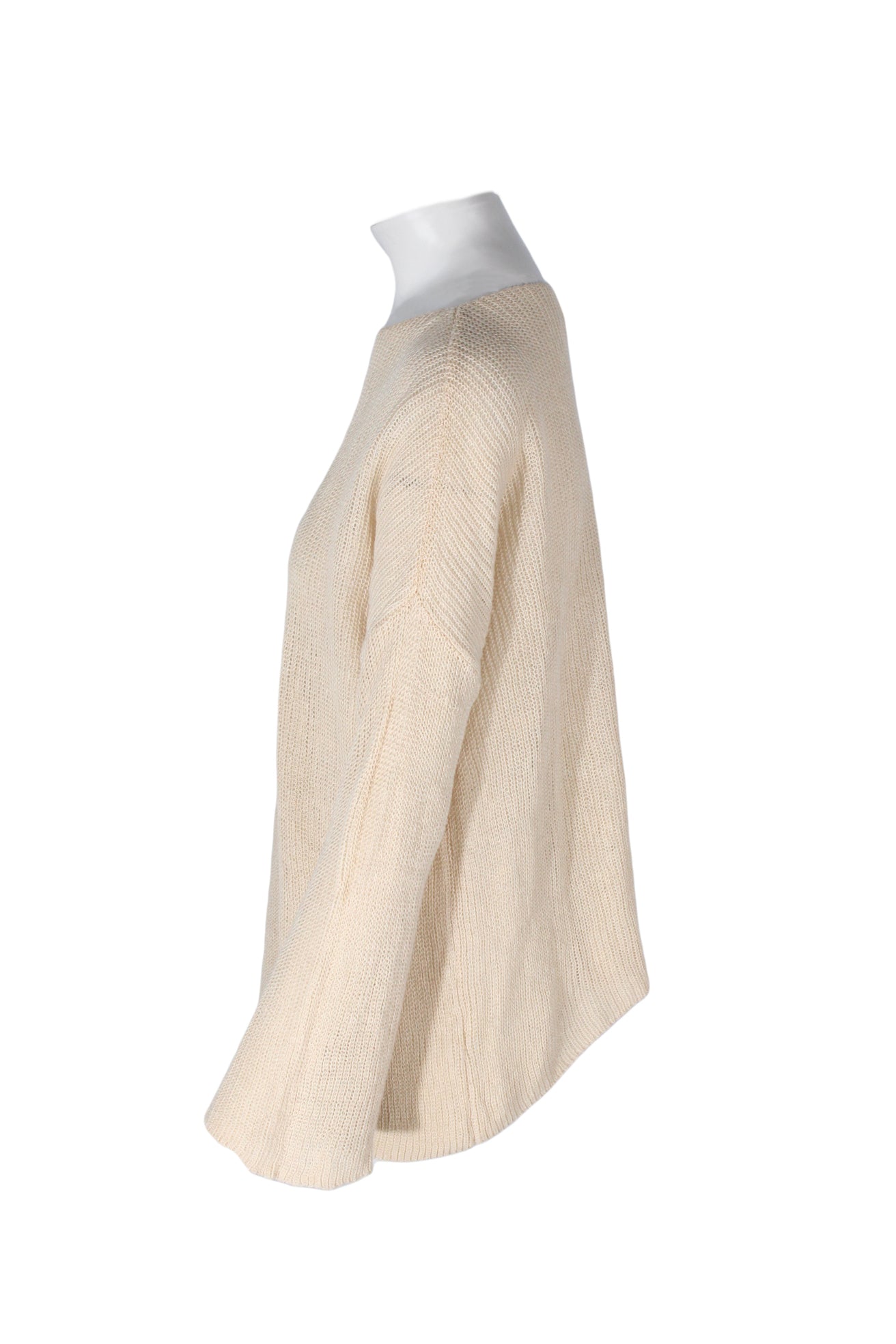 side angle demylee new york beige sweater on feminine mannequin torso featuring dropped, slightly flared sleeves.