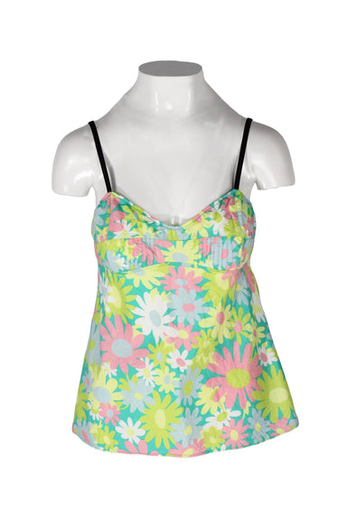 front angle marni multicolor daisy print cotton tank on feminine mannequin torso featuring black adjustable elastic shoulder straps, pleated bust, and elasticized zig-zag stitching details.