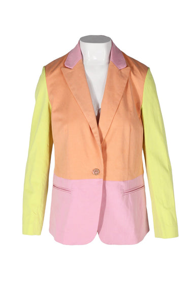 front angle tanya taylor pastel ‘darwin’ colorblock blazer on feminine mannequin torso featuring notched lapel,  jetted lower pockets, and single-button closure.