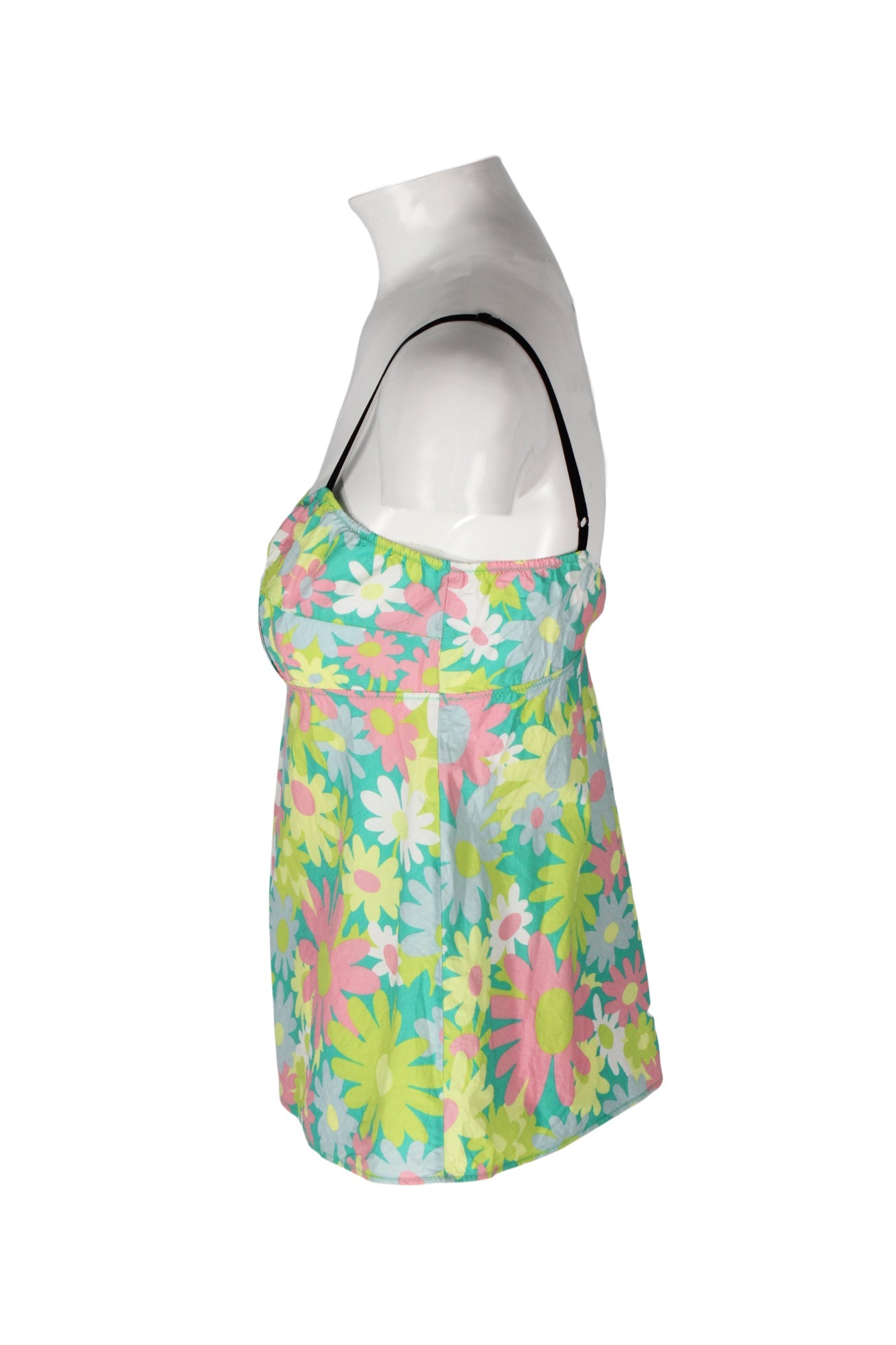side angle marni multicolor daisy print tank on feminine mannequin torso.