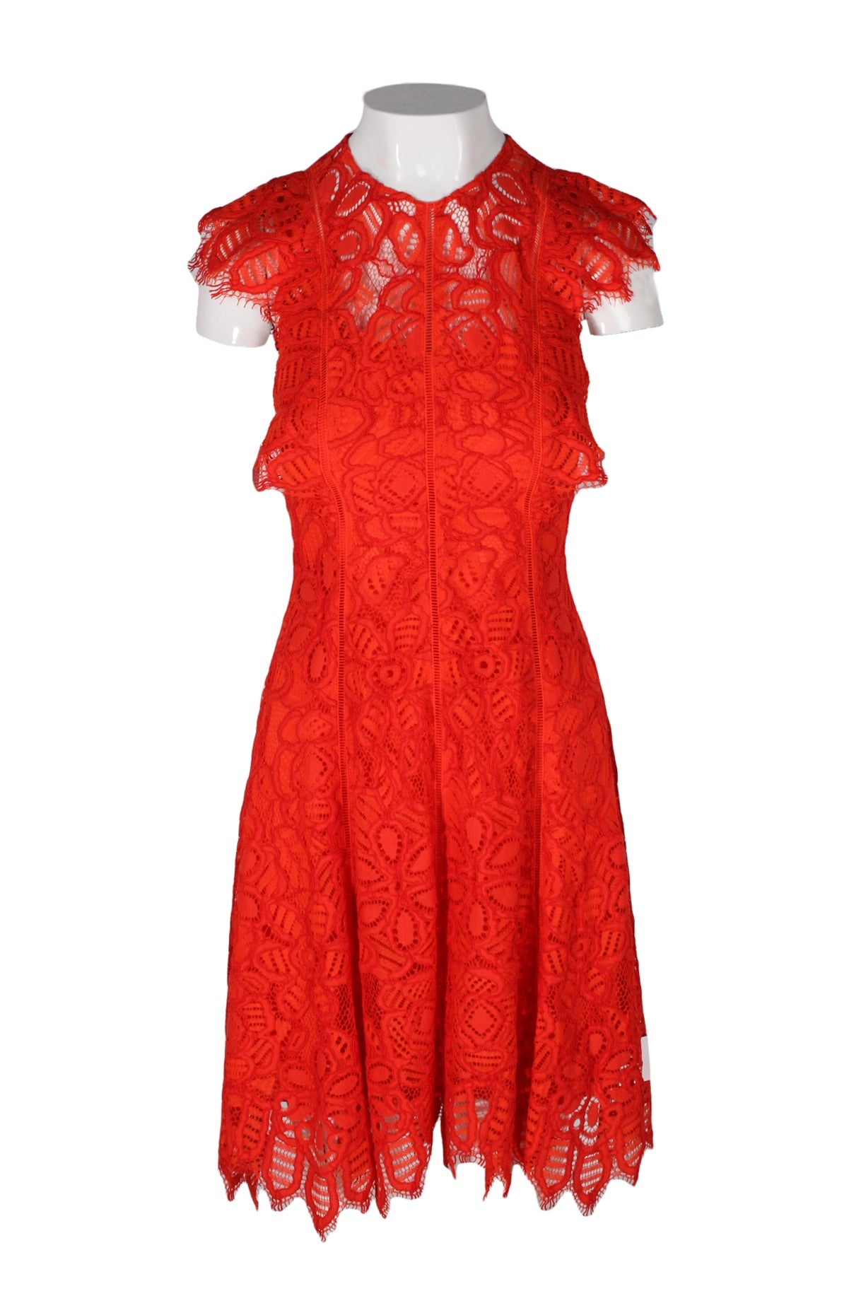 front of lela rose red lace short sleeve midi dress. features floral lace throughout, crew neckline, flutter sleeves, and flowy skirt.