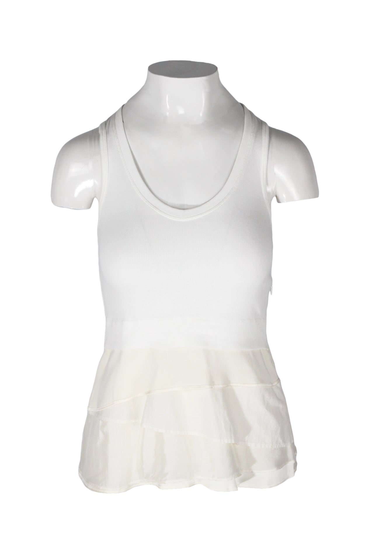 front angle brunello cucinelli white rib knit tank on feminine mannequin torso featuring oval neckline, cream/ivory tiered silk blend panels at lower, and invisible side zip closure.