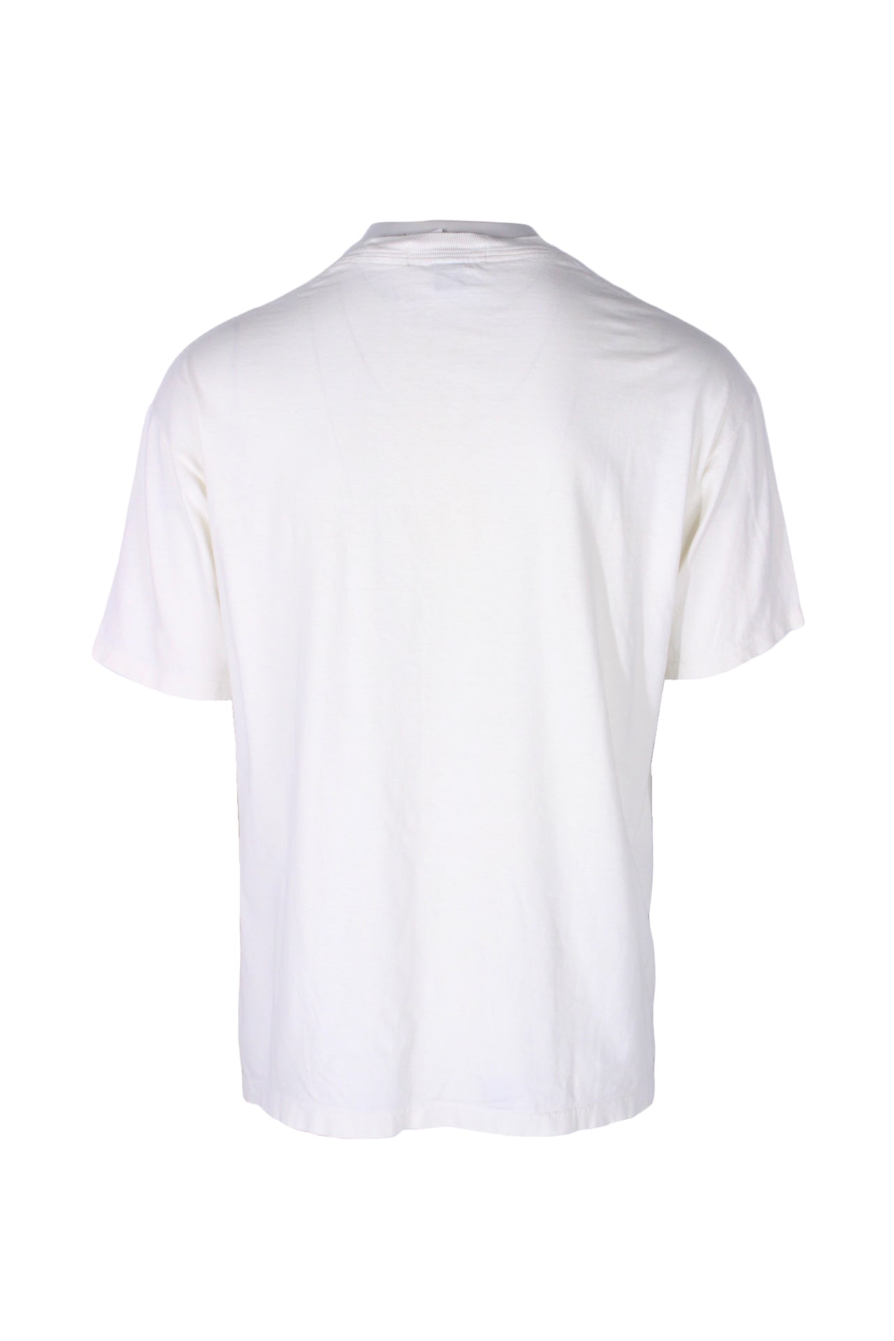 back angle of vintage t-shirt. short sleeves with single stitch hem/cuffs. 