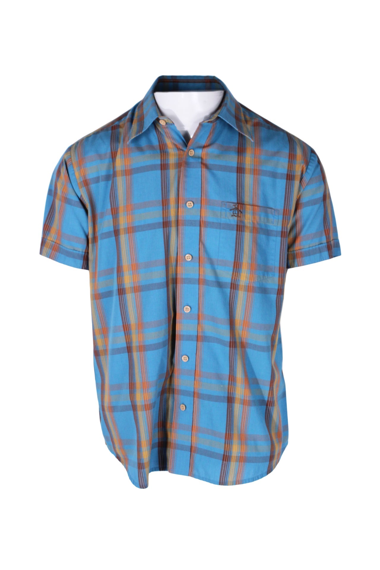 front angle penguin blue/multicolor short sleeve plaid shirt on masculine mannequin torso featuring chest patch pocket with embroidered penguin logo, front button closure, and pointed collar.