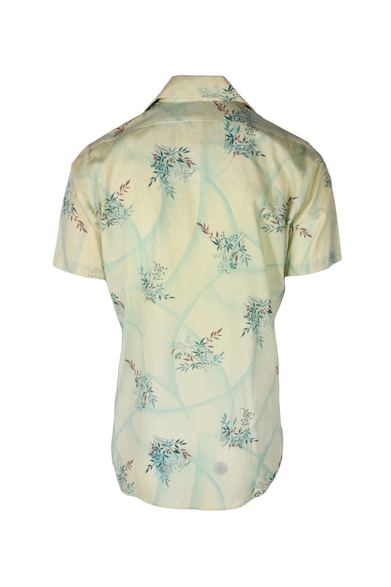 back angle vintage short sleeve button-up shirt on masculine mannequin torso featuring botanical/subtle geometric dotted print throughout.