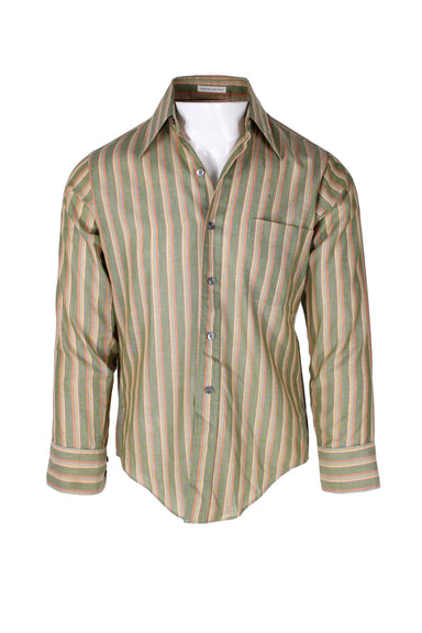 front angle of vintage long sleeve button up striped shirt on masc mannequin torso. features long pointed collar, buttoned cuffs, and single pocket over heart. 