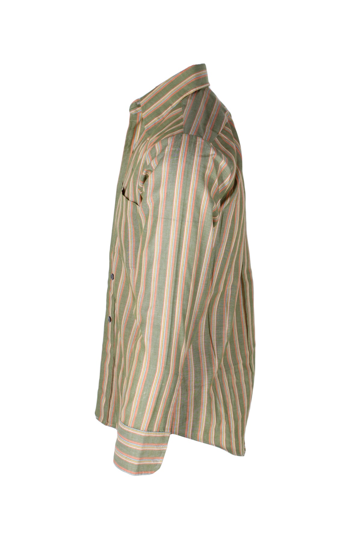 side angle of long sleeve button up vertical striped shirt. 