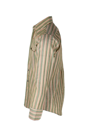 side angle of long sleeve button up vertical striped shirt. 