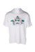 front angle of vintage grand slam white graphic t-shirt. features faded print of two penguins lounging at a golf course. single stitch hem/cuffs with ribbed rounded collar. 