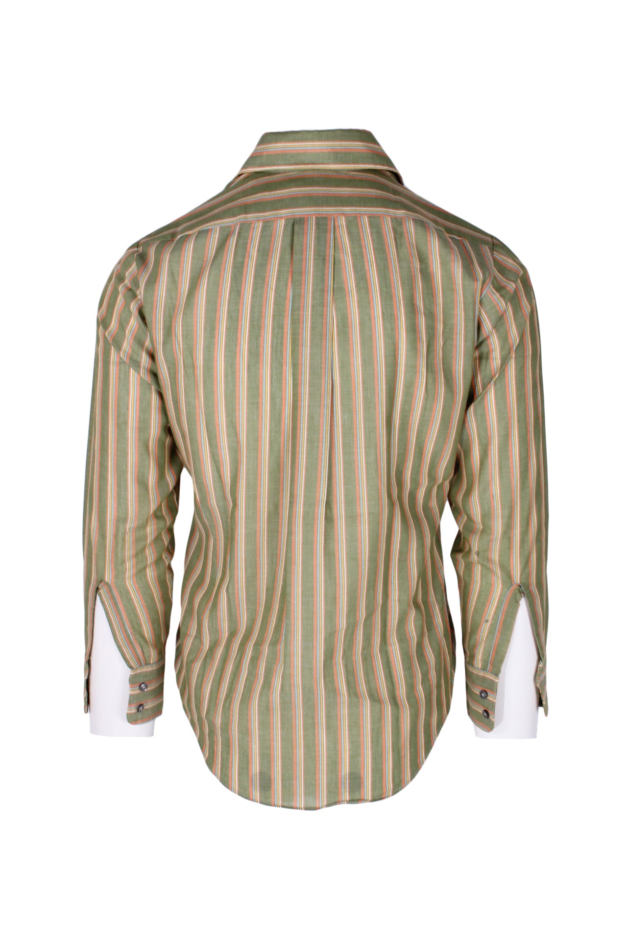 back angle of long sleeve button up shirt. double buttoned cuffs. 