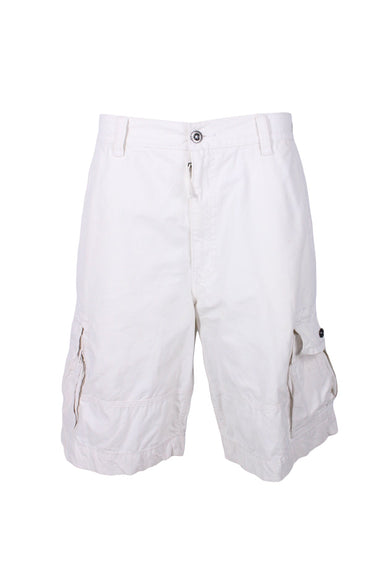 front angle levi's off-white cotton cargo shorts featuring front slash pockets, side utility pockets, and zipper fly.
