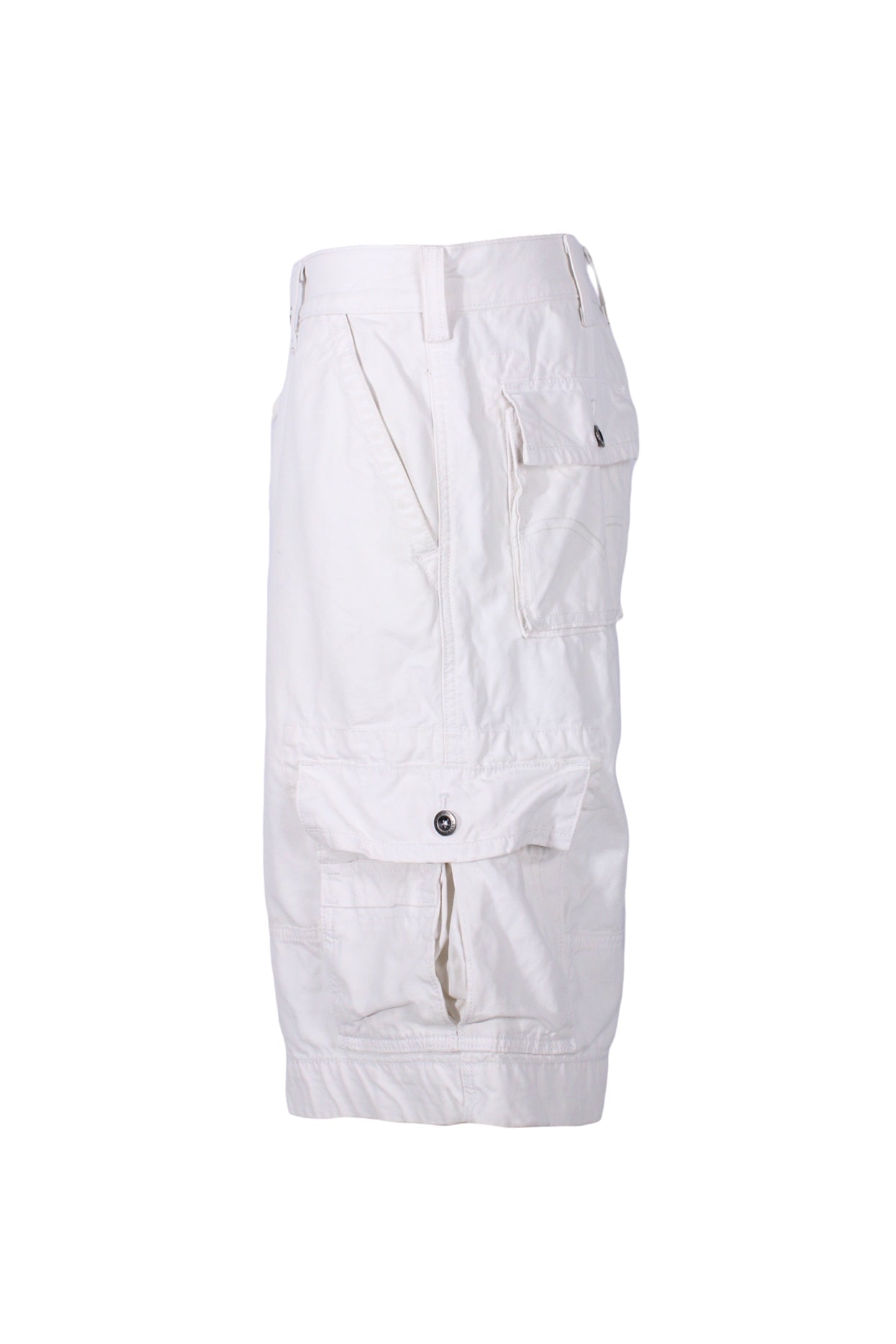 side angle levi's off-white cargo shorts featuring front slash pocket, side utility pocket, and rear flap pocket.