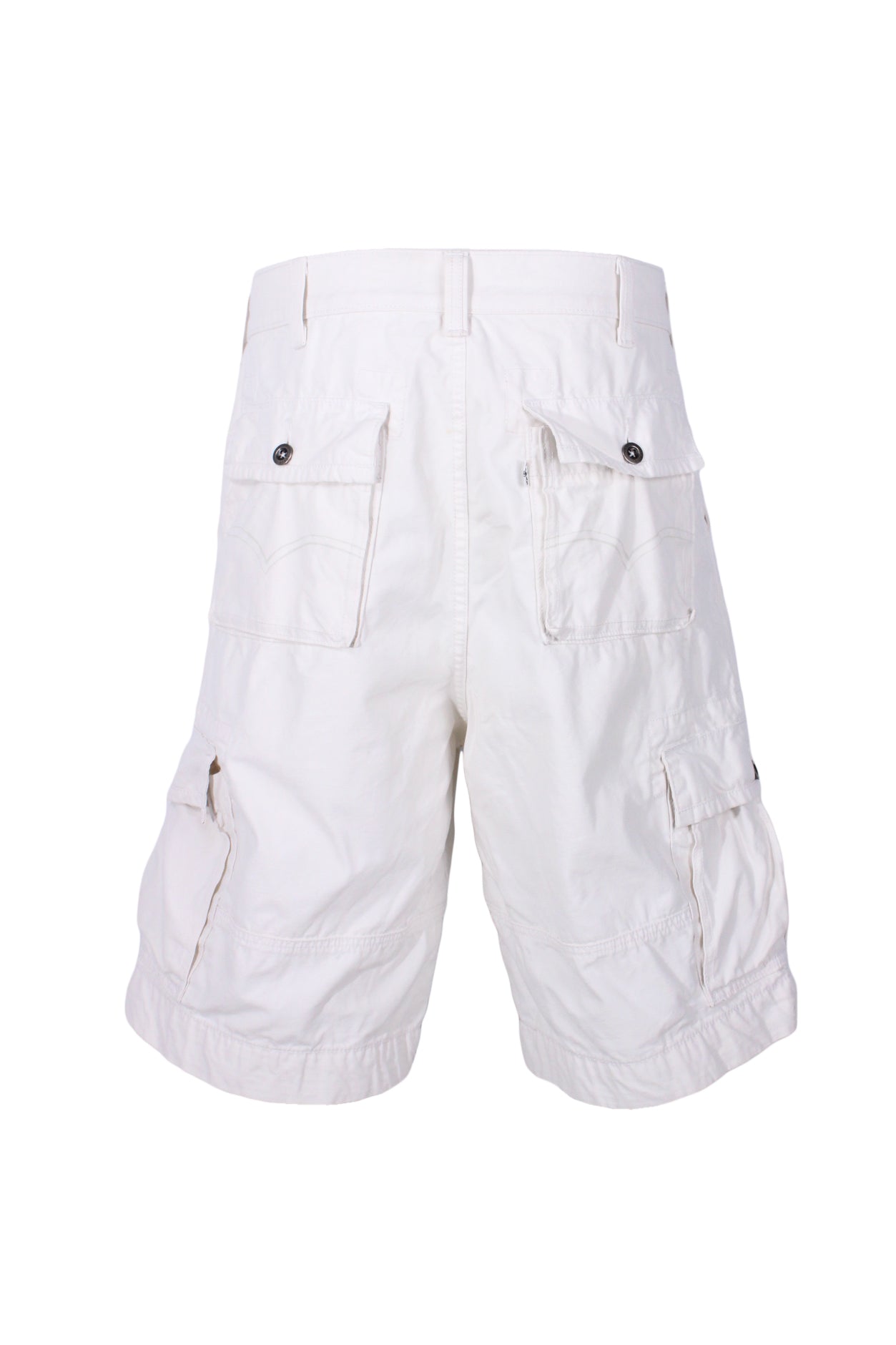 back angle levi's off-white cotton cargo shorts featuring rear flap pockets and side utility pockets.