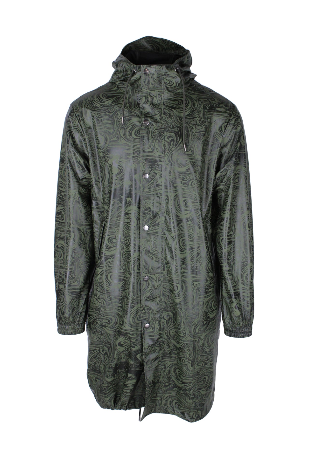 front angle of mid length rains marble print raincoat. features snap closure up center, hood with drawstring, long sleeves with elasticized cuffs, and drawstring hem. 
