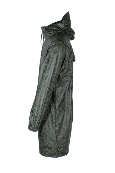 side angle of long sleeved mid length raincoat. features hood with bill. 