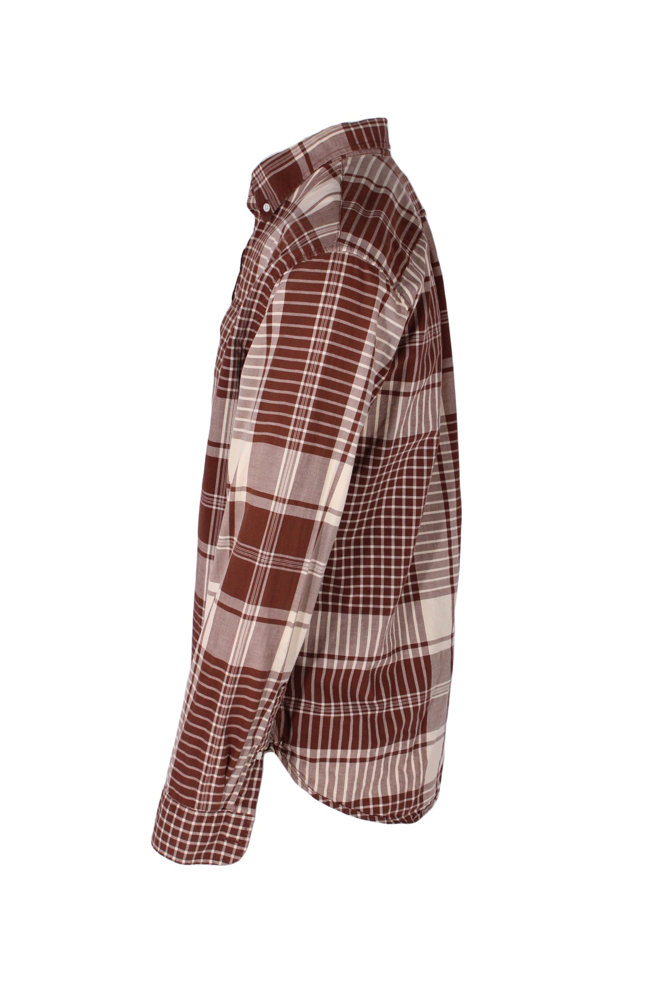 side angle of long sleeve button down shirt. rounded hem. 