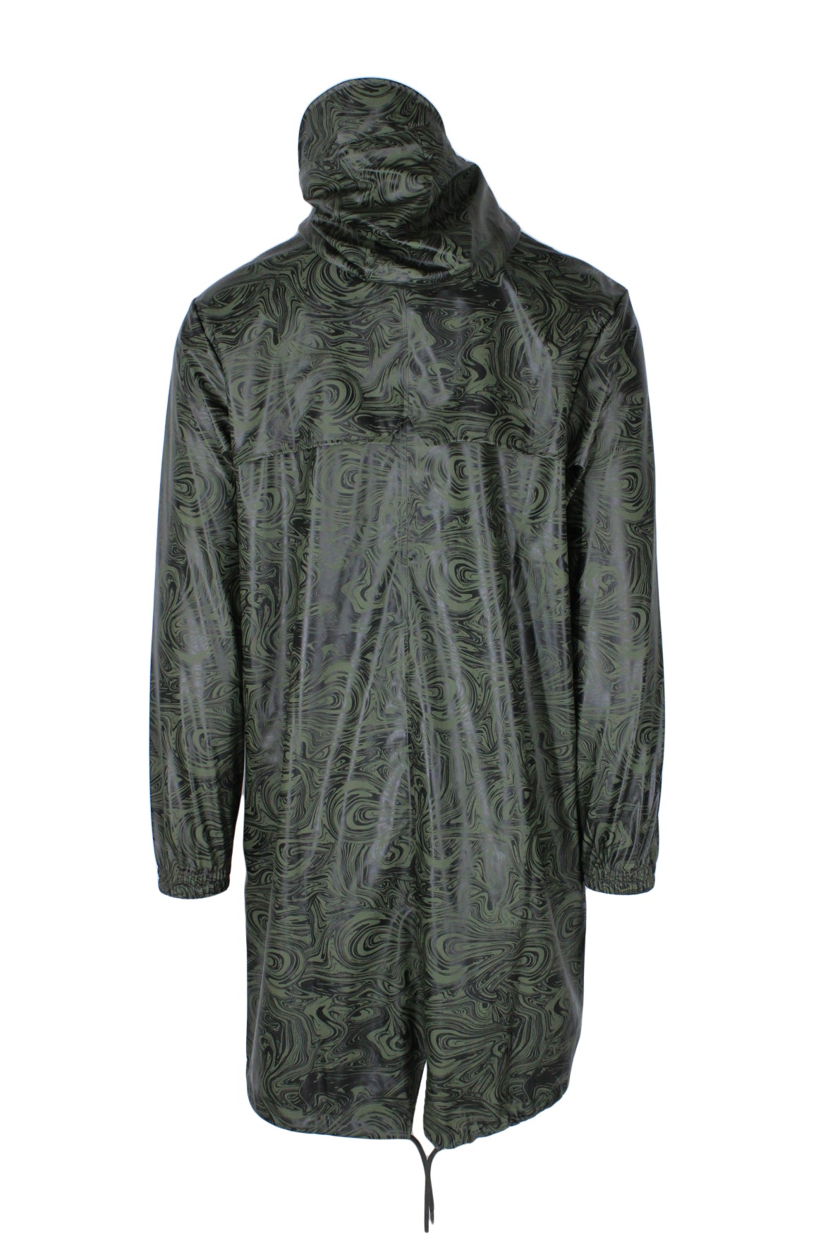 back angle of raincoat. features drawstring hem with vent. 