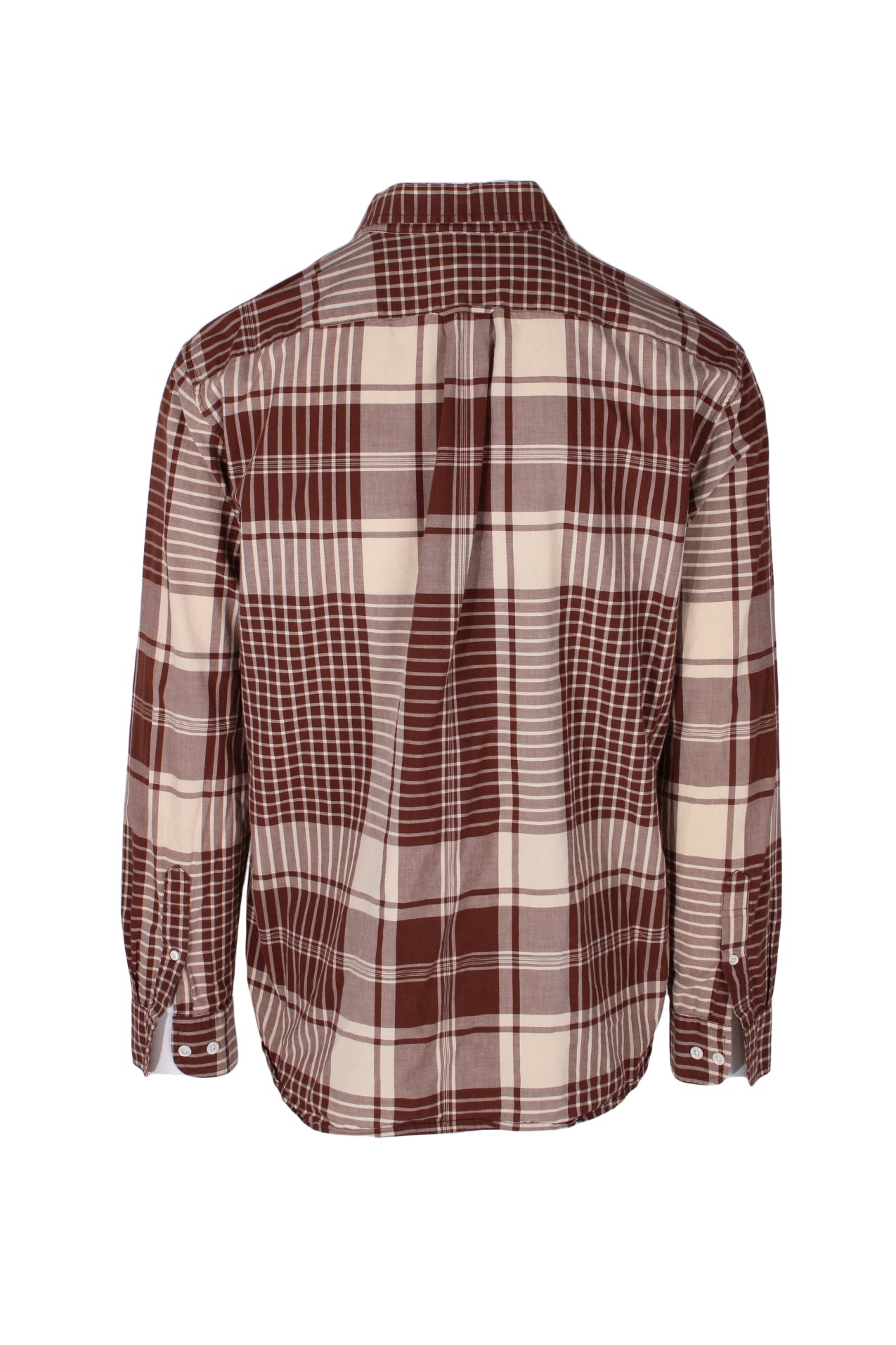 back angle of long sleeve plaid shirt. features buttoned cuffs. 