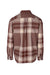 back angle of long sleeve plaid shirt. features buttoned cuffs. 