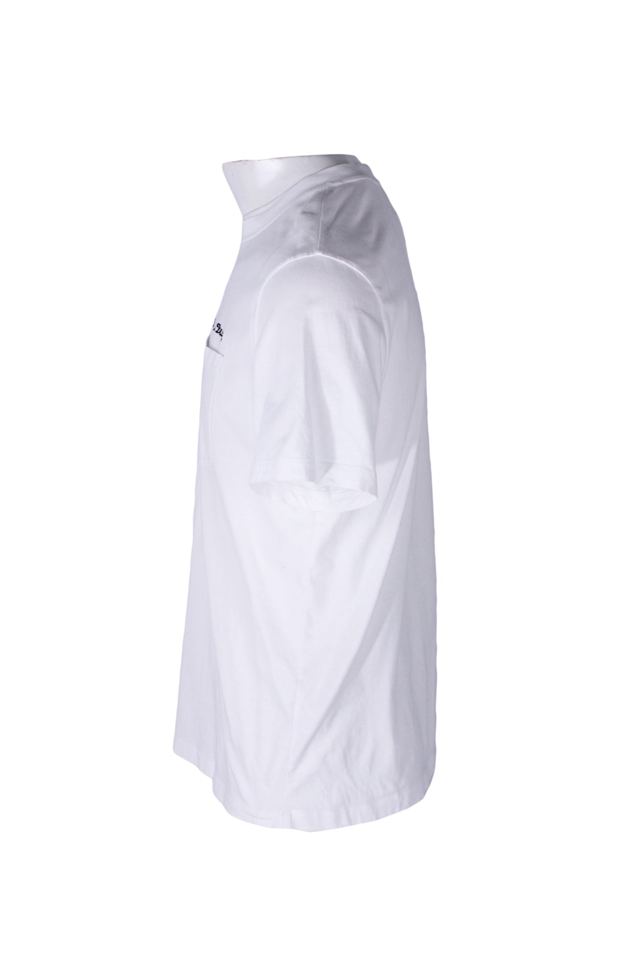 side angle sandro white short sleeve t-shirt on masculine mannequin torso.