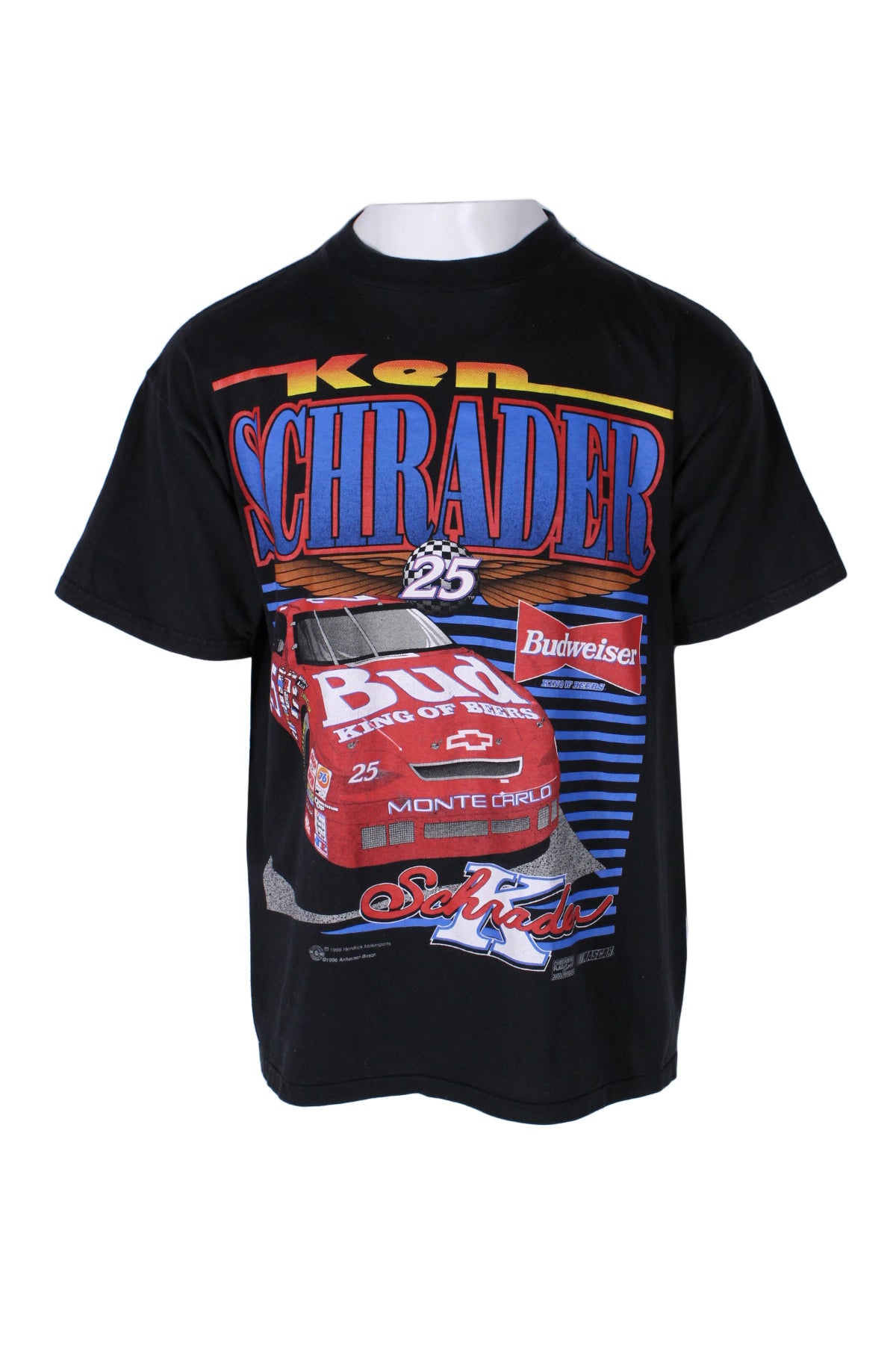 front of  tultex black cotton short sleeve graphic tee featuring 'ken schrader' and race car/budweiser logo printed at front, ribbed crew neckline, and double-stitch finishing.  