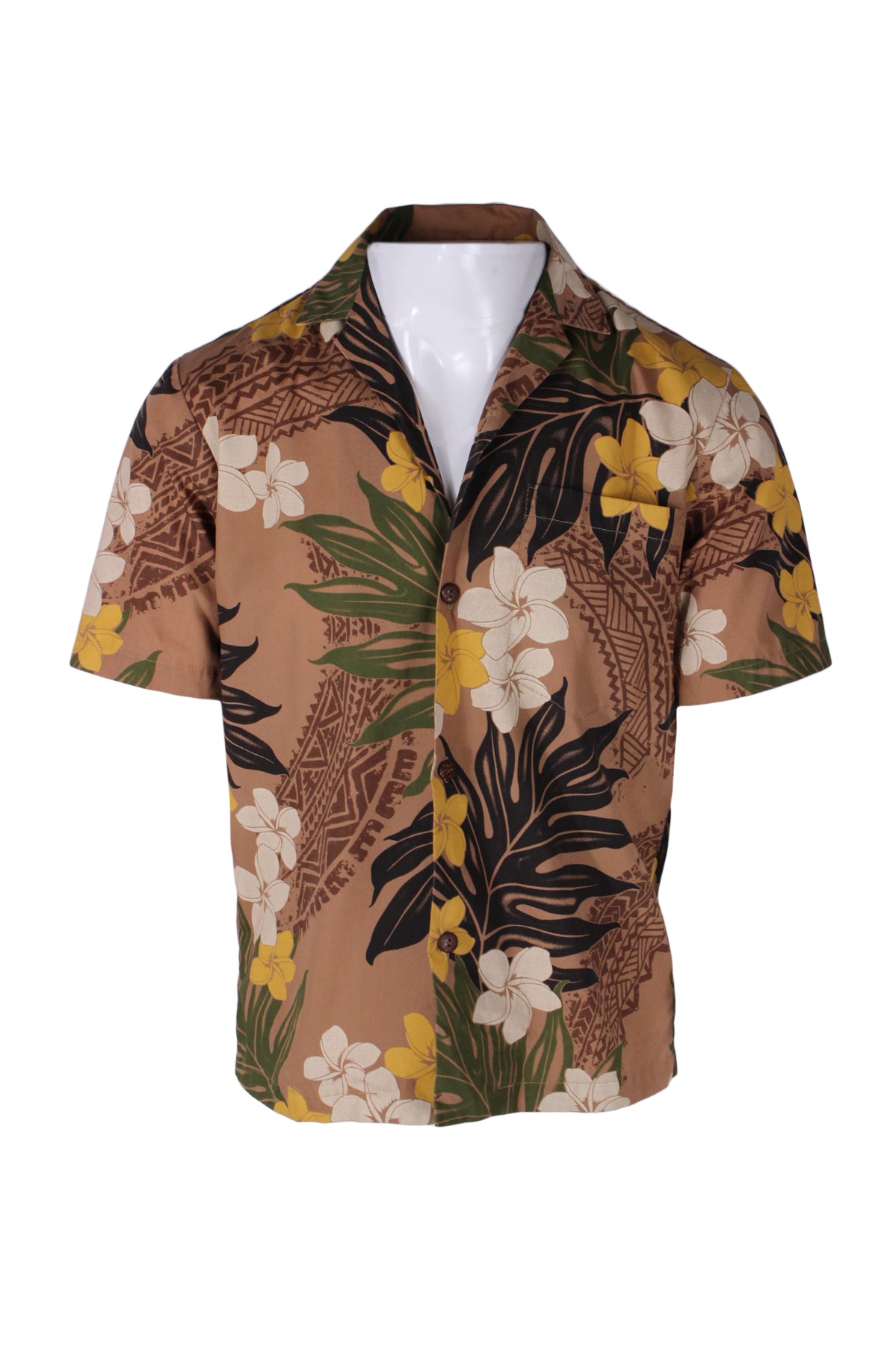 front angle of short sleeve brown floral short sleeve hawaiian shirt on masc mannequin torso. features single pocket over heart, wooden button closure, and notched collar. 