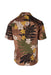 back angle of short sleeve button up shirt. all over print of tropical leaves and flowers. 