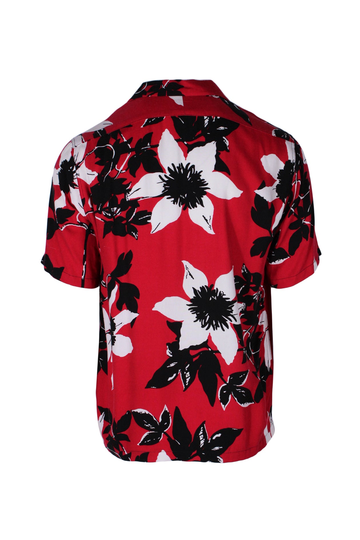 back angle of floral short sleeve button up shirt. 