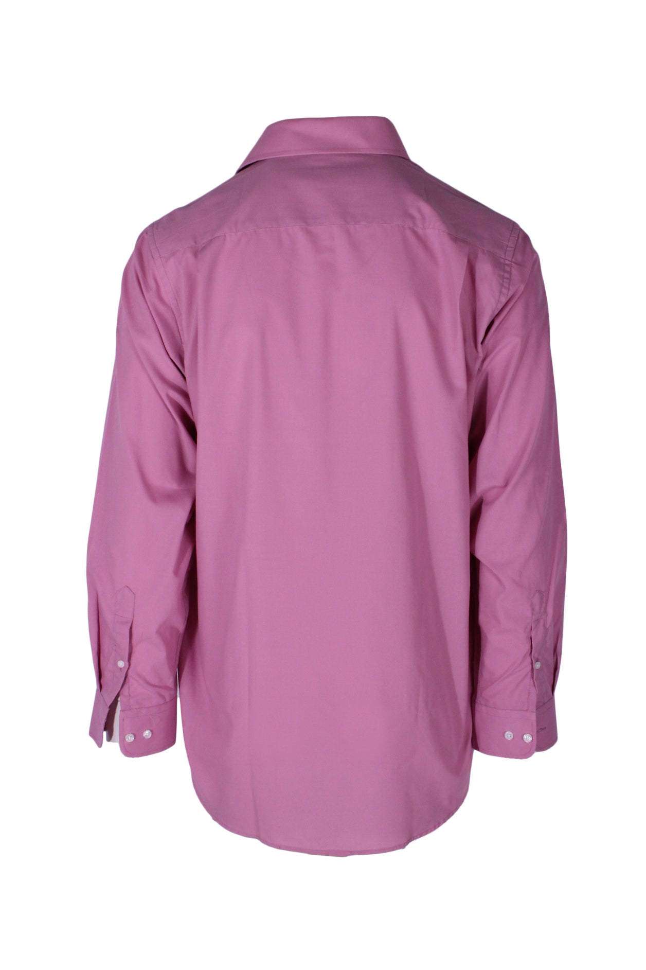 back angle of long sleeve button up shirt. buttoned cuffs and rounded hem. 