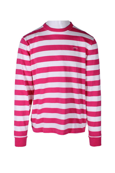 front angle noah dark pink and white long sleeve striped t-shirt on masculine mannequin torso featuring two-tone logo & 'noah' embroidery at left chest and rib knit crew collar/cuffs. 