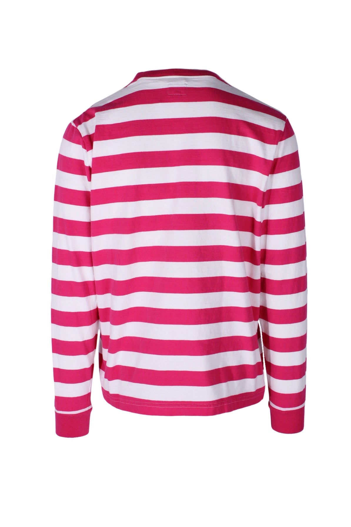 back angle noah dark pink and white long sleeve striped t-shirt on masculine mannequin torso.