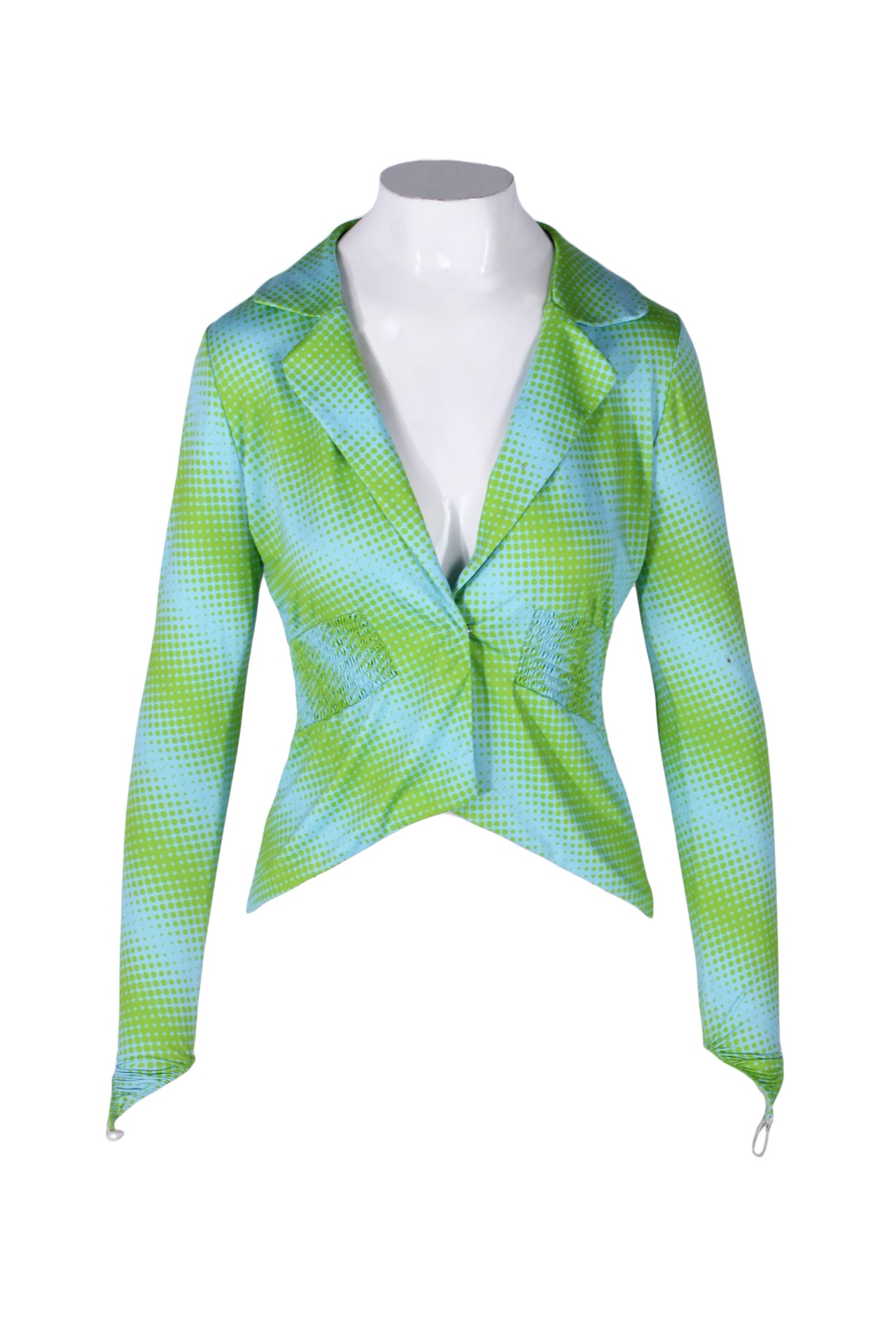 description: maisie wilen blue and green abstract polka dot long sleeve shirt. features lapel collar, deep v neckline, and ruched at waistline.