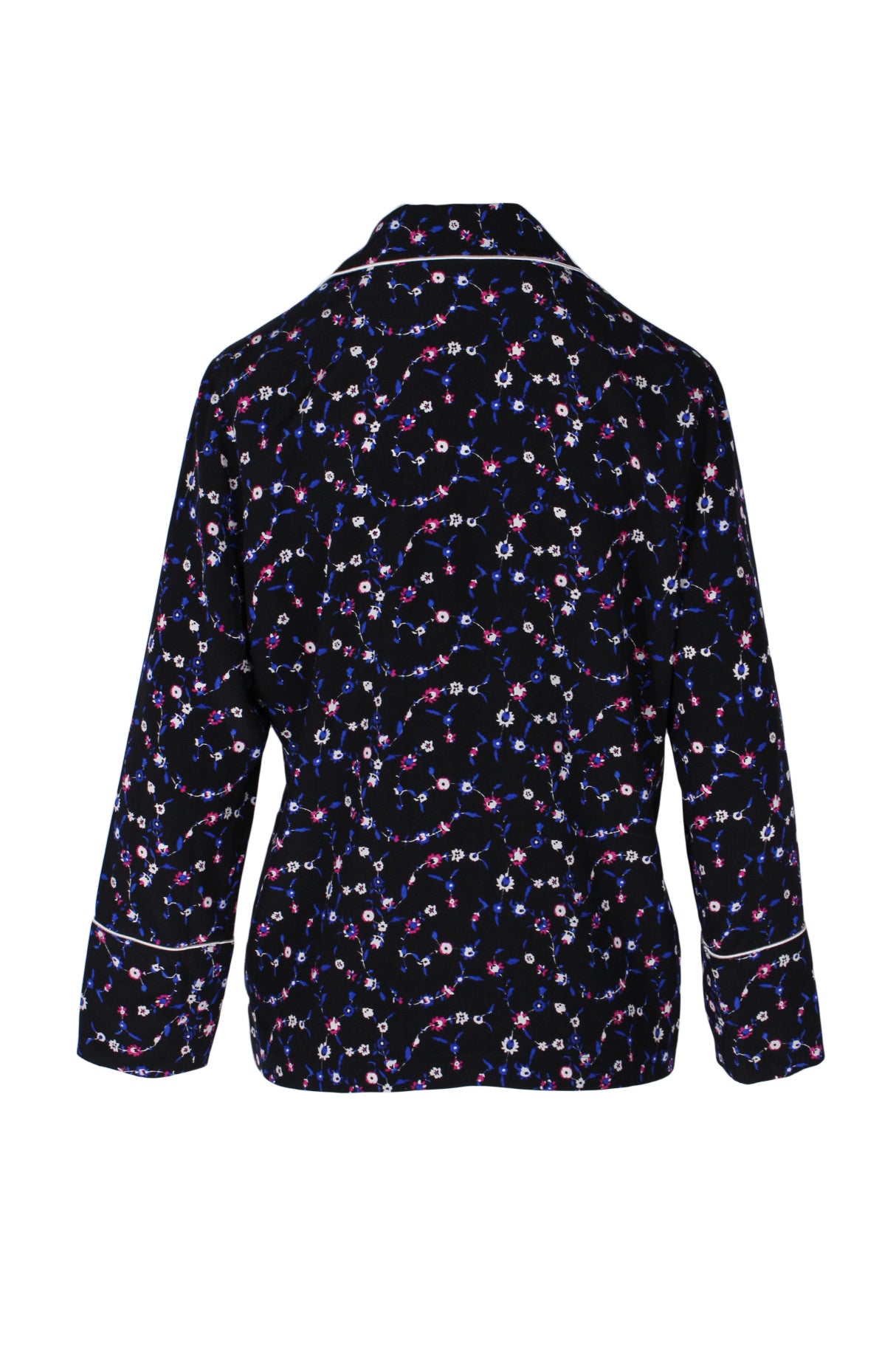 rear of black and blue floral printed long sleeve shirt