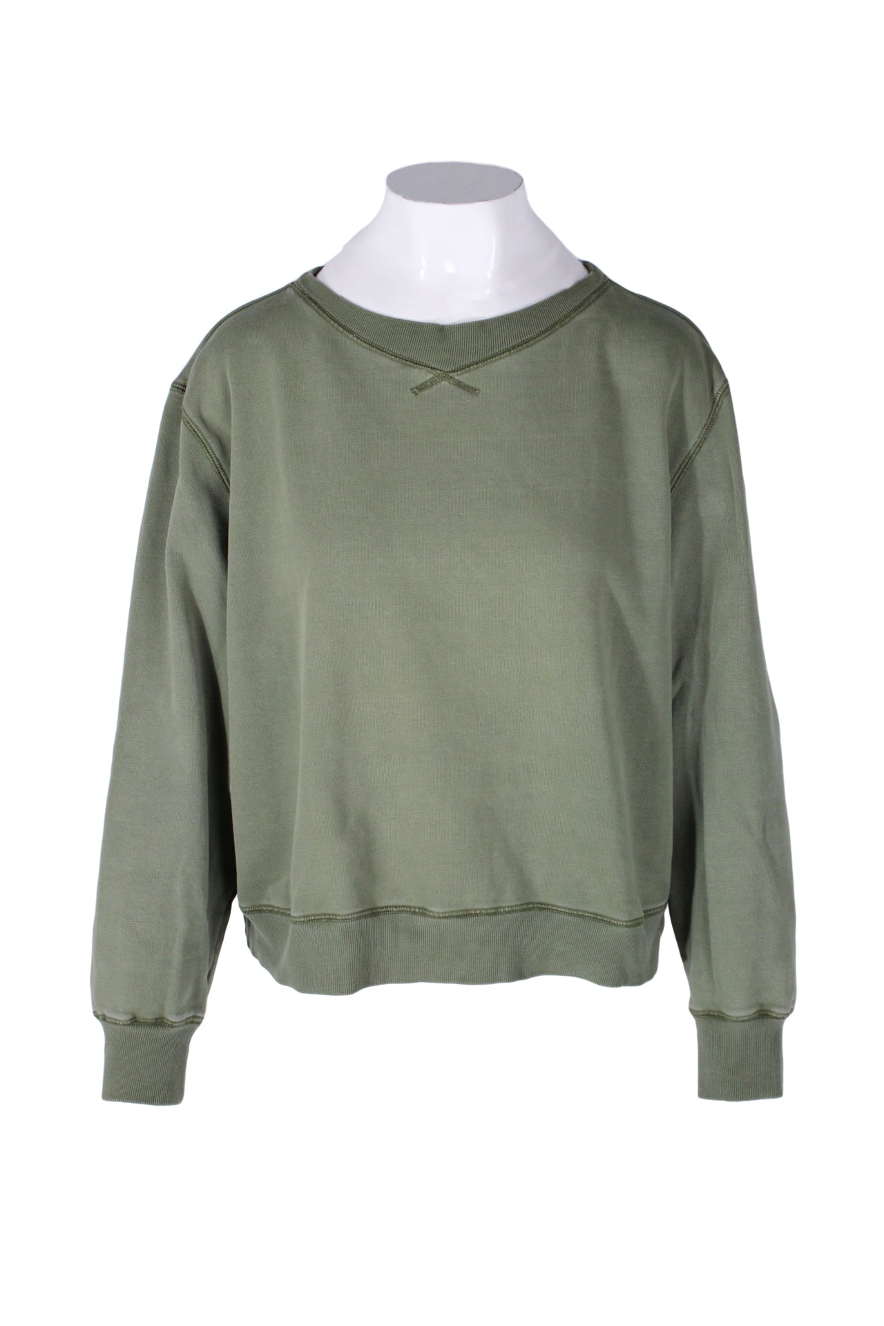 front angle alex mill sage green pullover cotton sweatshirt on feminine mannequin torso featuring exposed serging details, boxy cut, and rib knit crew collar/cuffs/waistband. 