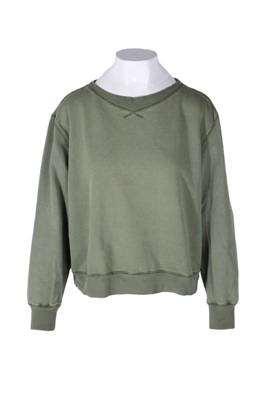 front angle alex mill sage green pullover cotton sweatshirt on feminine mannequin torso featuring exposed serging details, boxy cut, and rib knit crew collar/cuffs/waistband. 