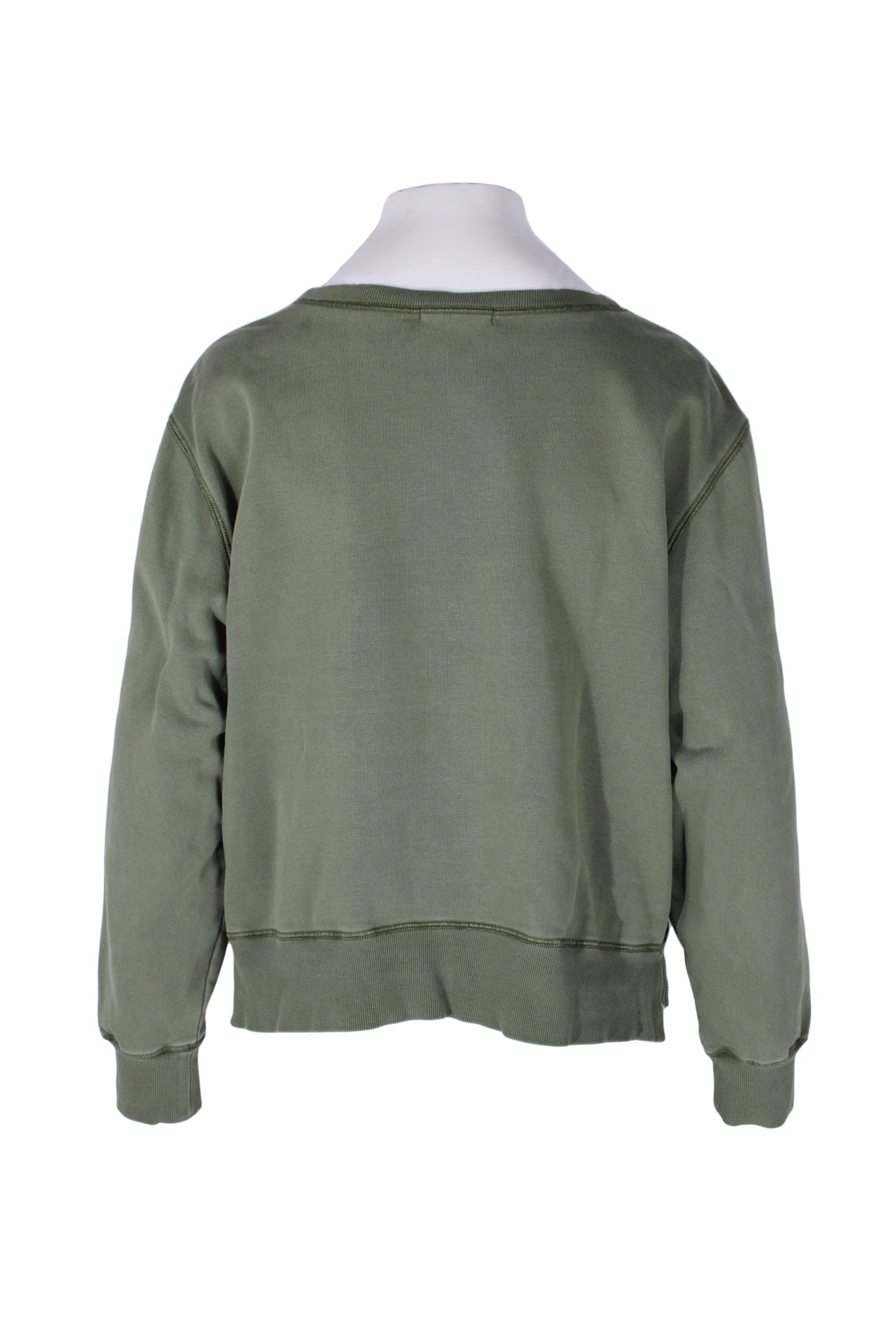 back angle alex mill sage green sweatshirt on feminine mannequin torso.