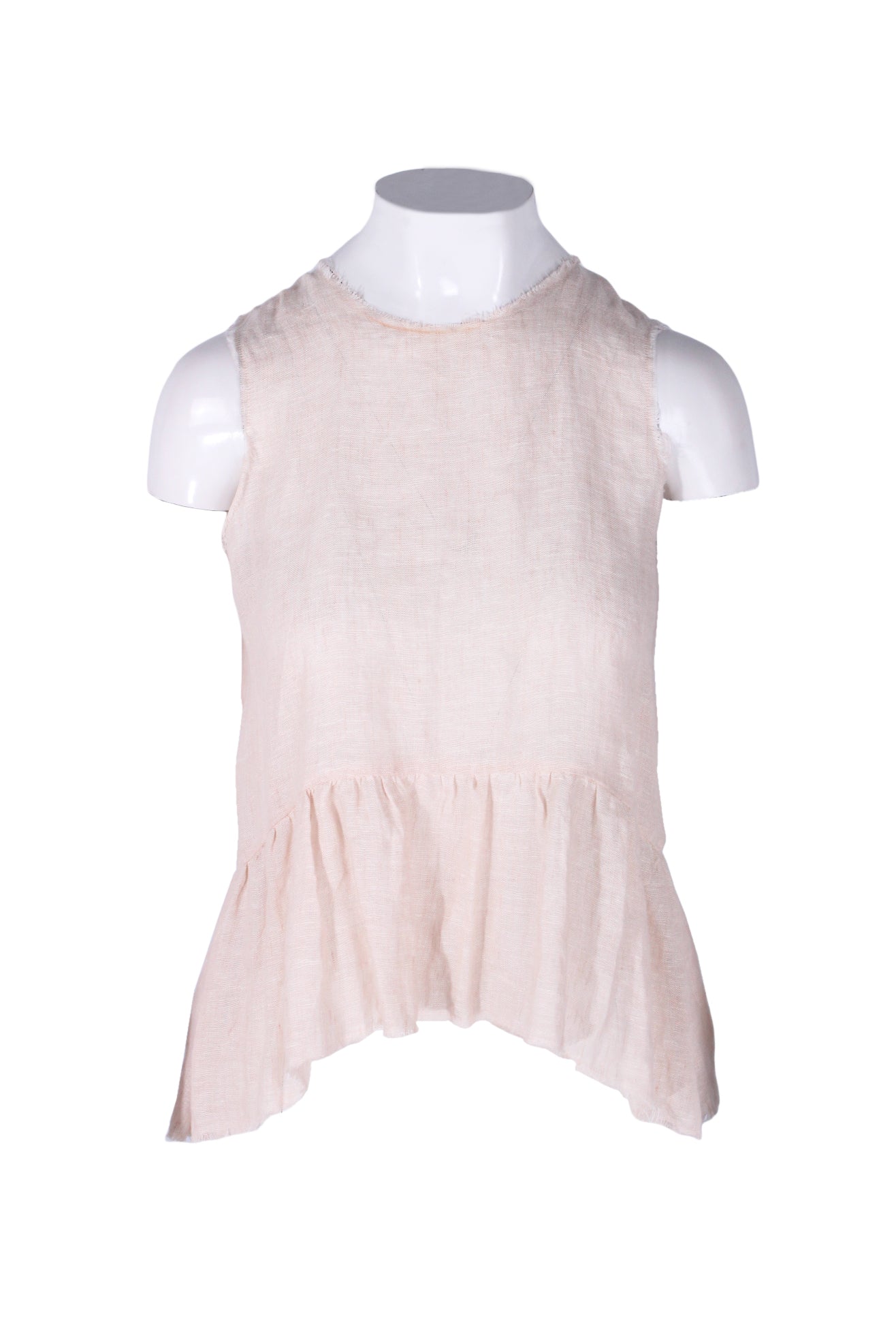 front angle shosh pale pink semi-sheer sleeveless linen top on feminine mannequin torso featuring frayed edging, gathered/high-low hem, and round neckline.