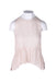 front angle shosh pale pink semi-sheer sleeveless linen top on feminine mannequin torso featuring frayed edging, gathered/high-low hem, and round neckline.