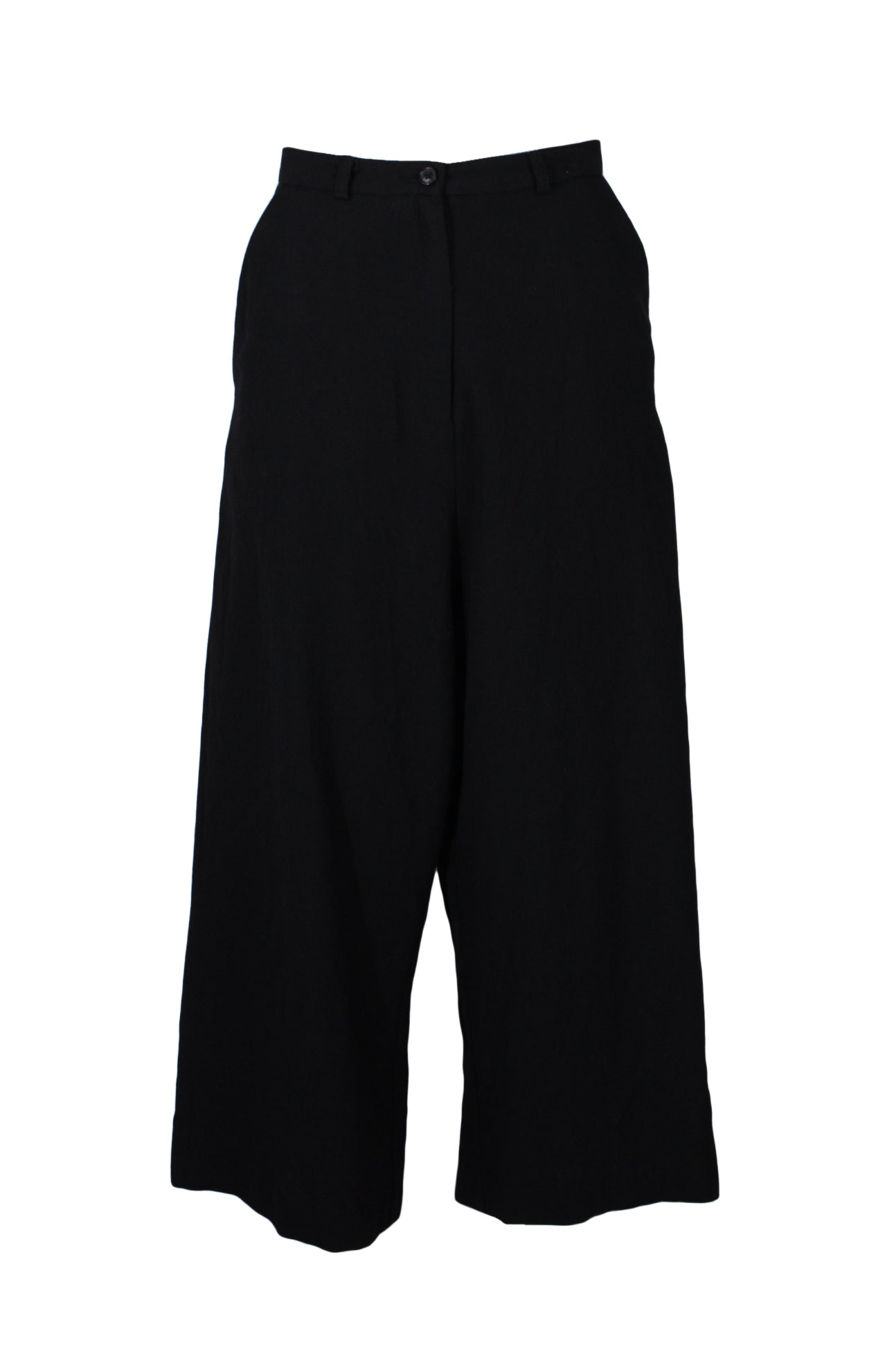 front angle samuji black lightly-textured wide leg wool pants featuring high-waist, front slash pockets, and zipper fly with buttoned waistband.