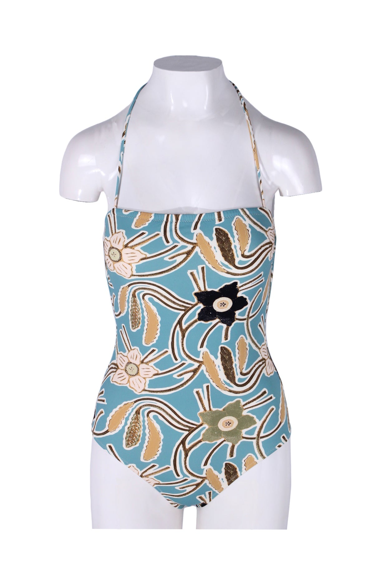 front angle ulla johnson pacific blue/multicolor 'marisol maillot' one-piece bathing suit on feminine mannequin featuring adjustable self-tie halter straps, bold floral print, and square neckline.