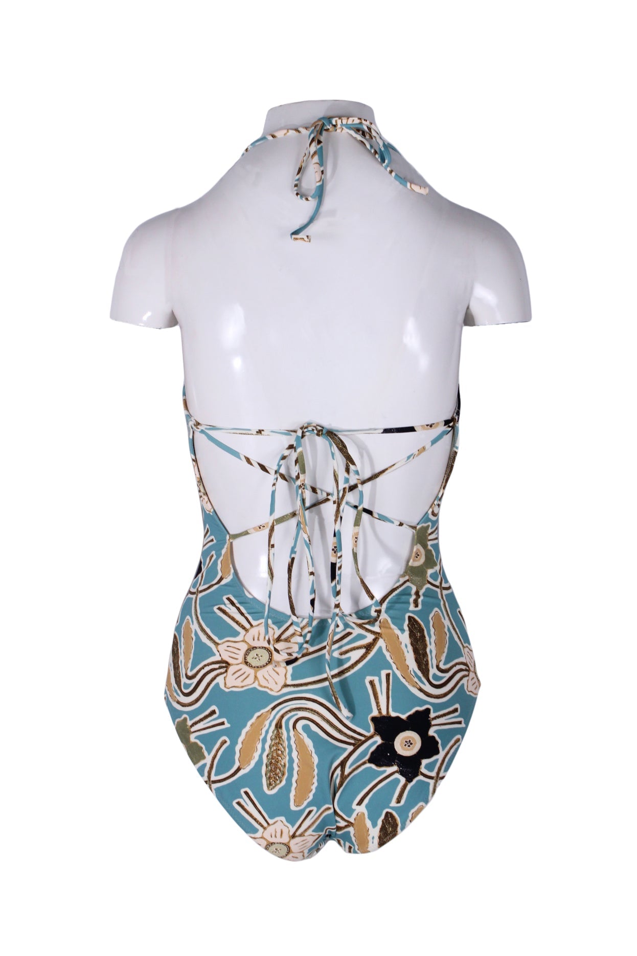 back angle ulla johnson pacific 'marisol maillot' one-piece bathing suit on feminine mannequin featuring adjustable self-tie halter straps and oval back with adjustable lace-up straps.