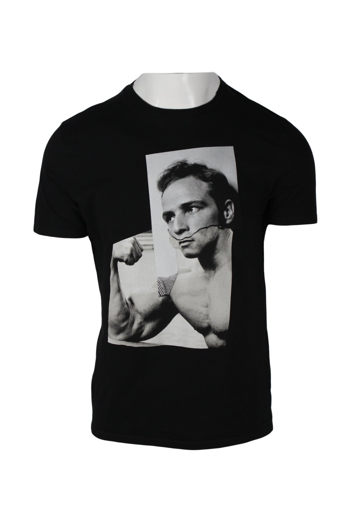 front angle of neil barret black and white graphic print t-shirt on masc mannequin torso. features regular length, slim fit, short sleeves, rounded ribbed collar, and screen print collage of arnold schwarzenegger. 