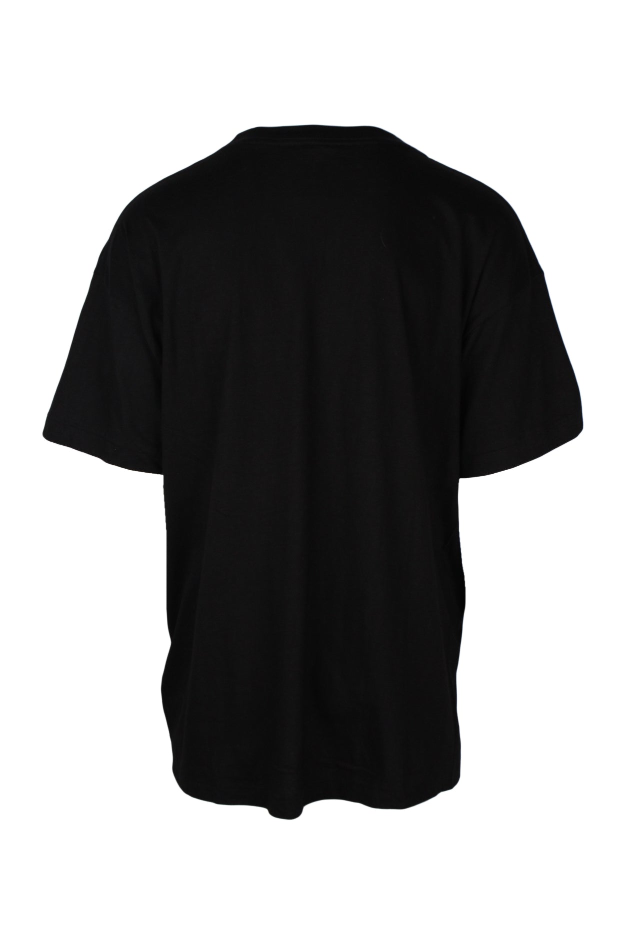 back angle of short sleeve black t-shirt. 