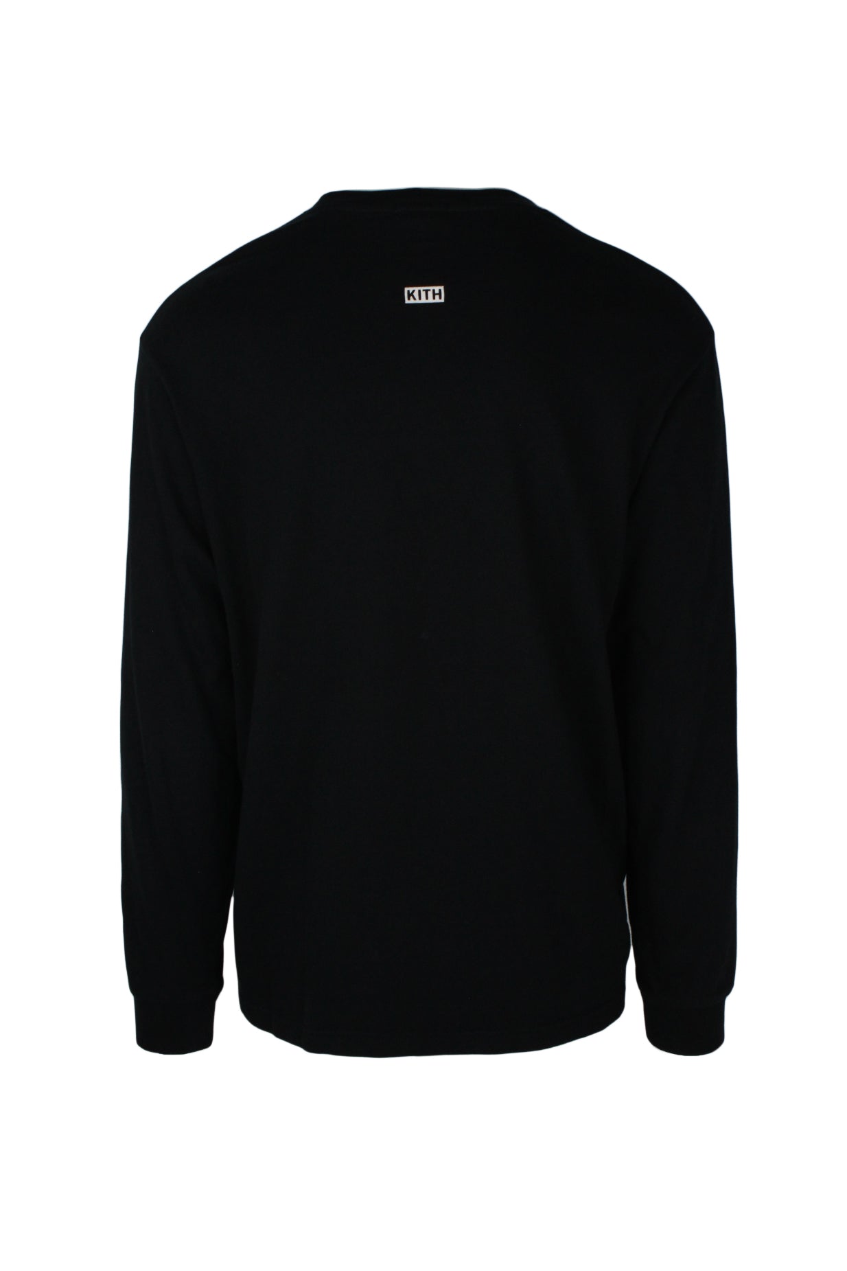 back angle of long sleeve t-shirt. small branding in white velvet near neck with text 'kith'.
