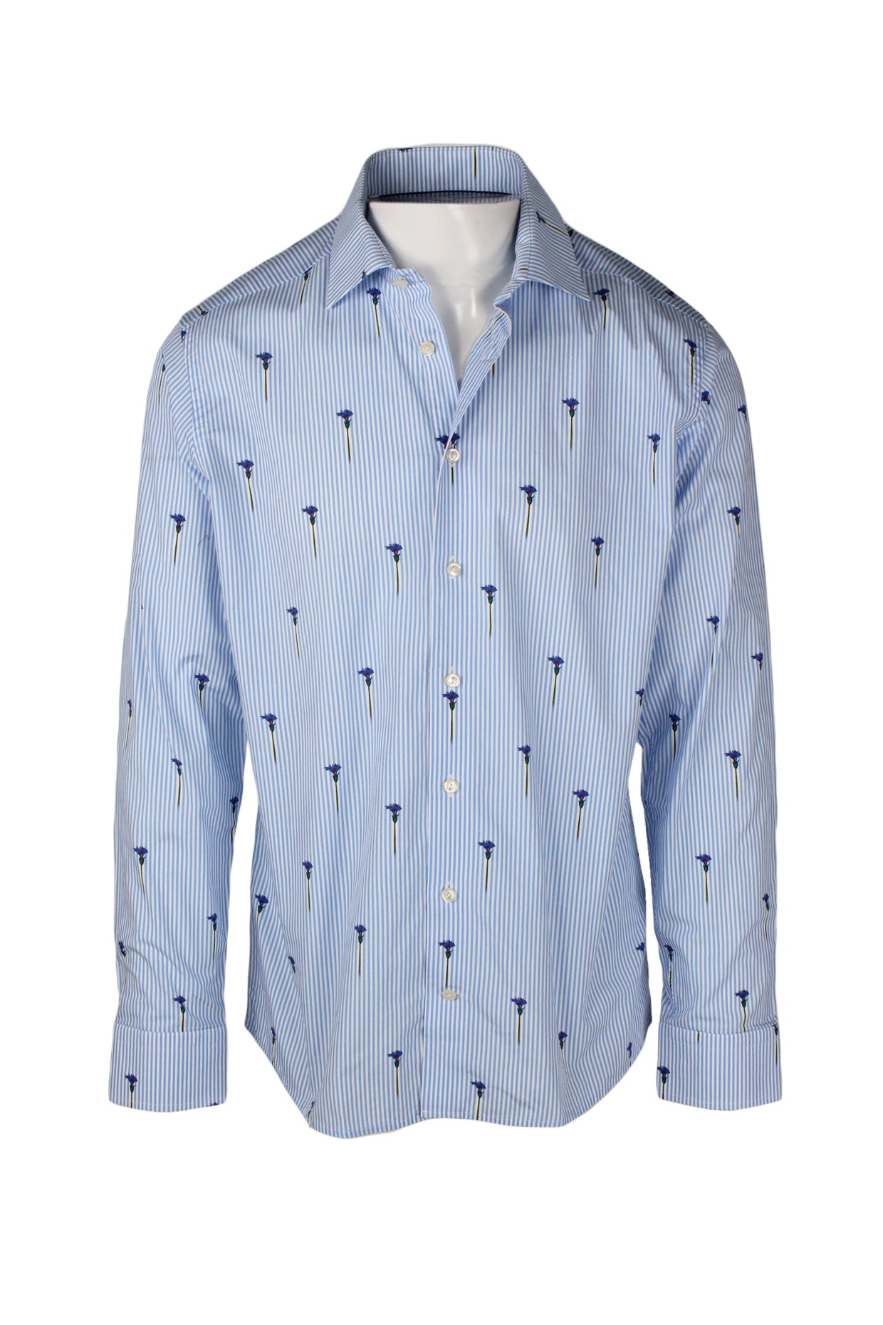 front view of eton blue/white long sleeve button up striped shirt. features flower pattern throughout stripes with buttons at cuffs.